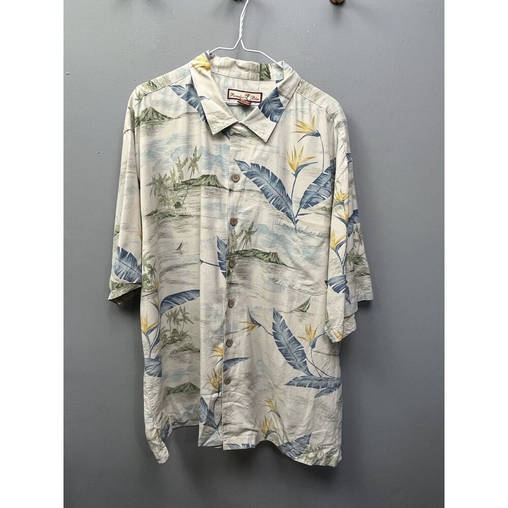 Paradise Blue Men's Hawaiian Shirt Size XXL 100% Silk Short Sleeve Tan Blue‎